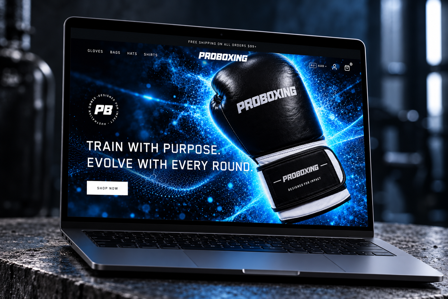 Proboxing custom e-commerce website on a laptop, built by Coded